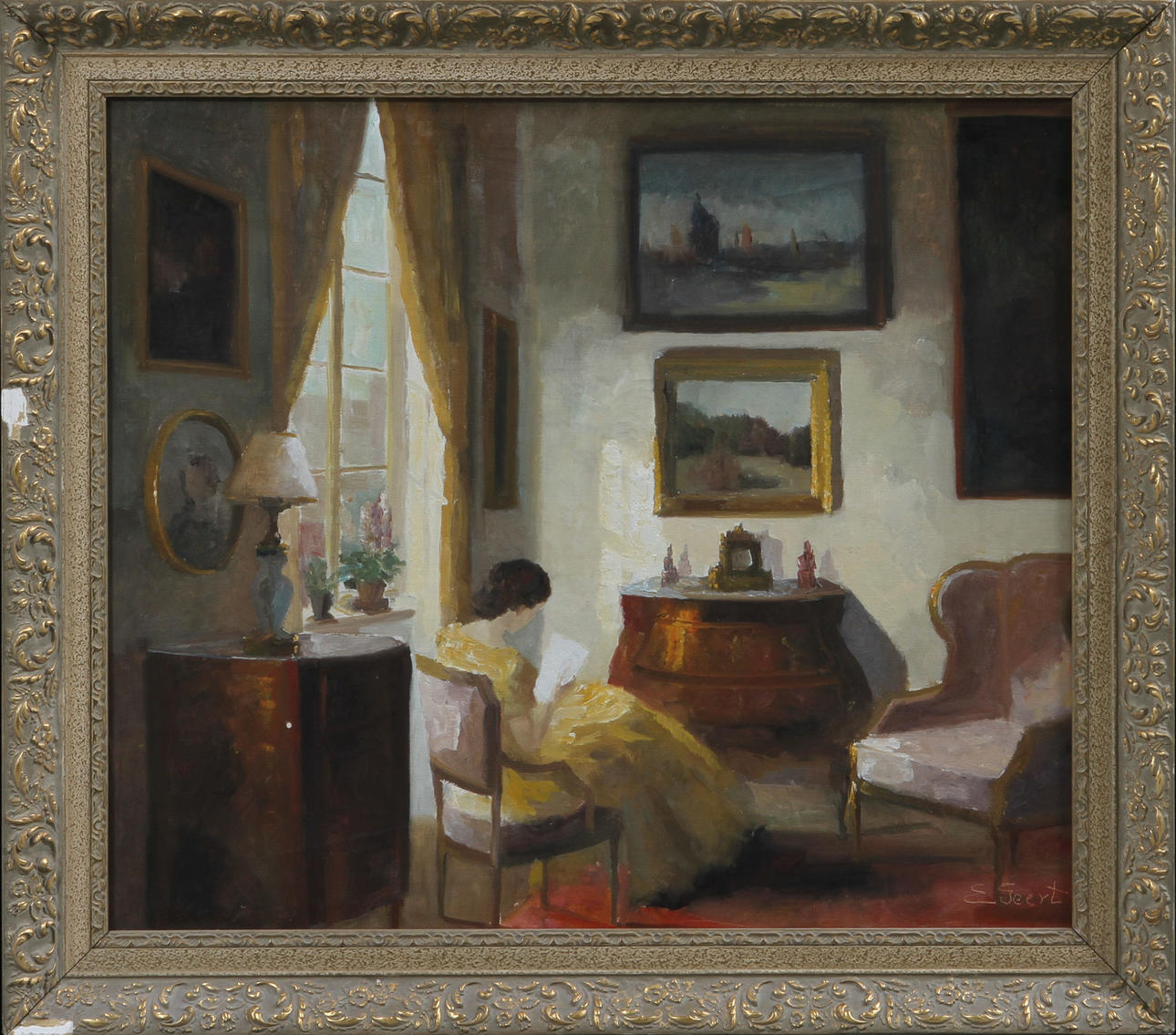 EDITH GEERT. Läsande kvinna, olja på duk, signerad.