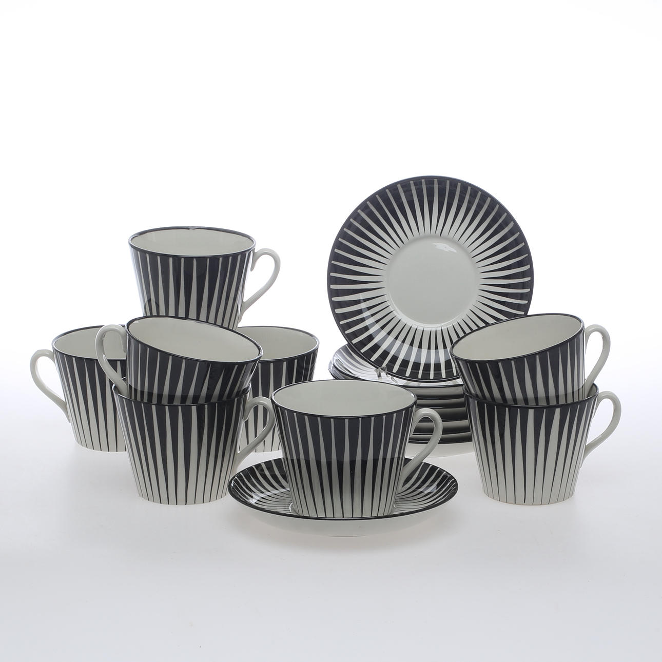 TEKOPPAR med fat, 8 st. "Zebra" Eugen Trost, Upsala-Ekeby/Gefle.