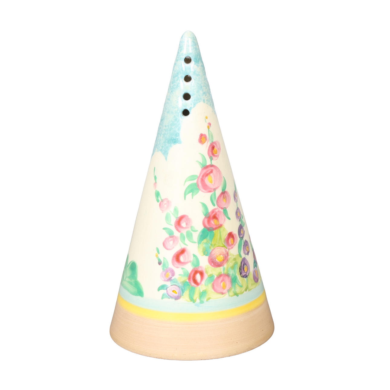 A CLARICE CLIFF 'HOLLYHOCKS' CONICAL SUGAR SIFTER.