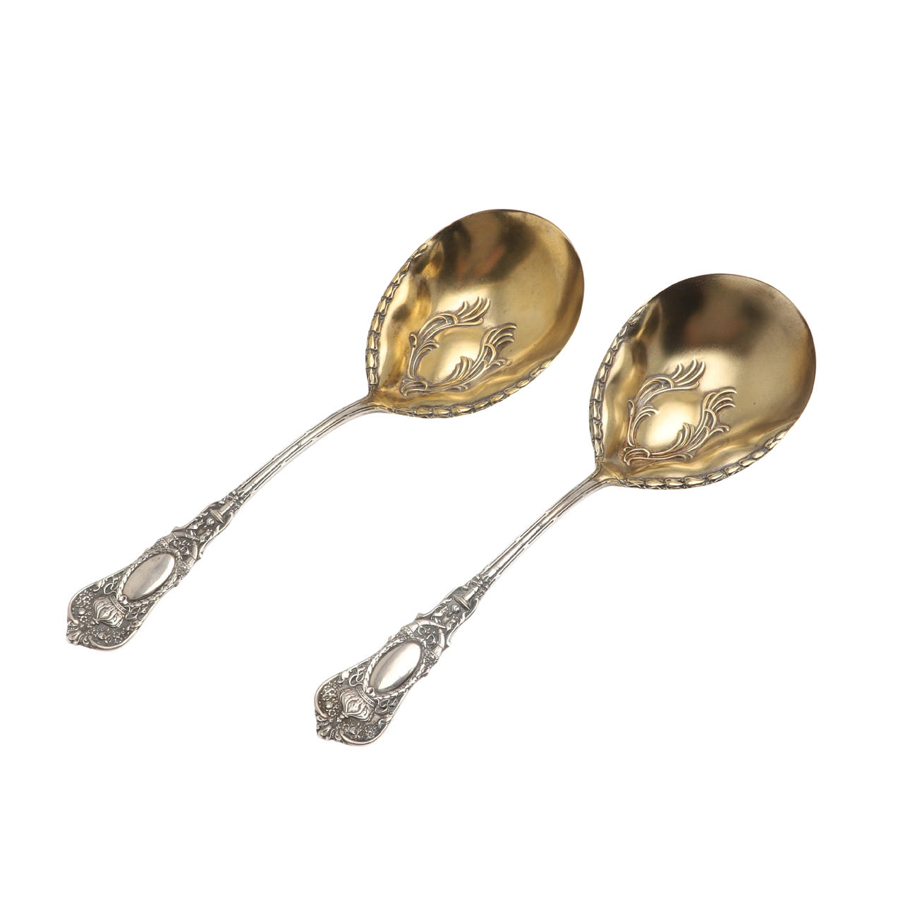 A PAIR OF IMPORTED CONTINENTAL SILVER SERVING SPOONS.