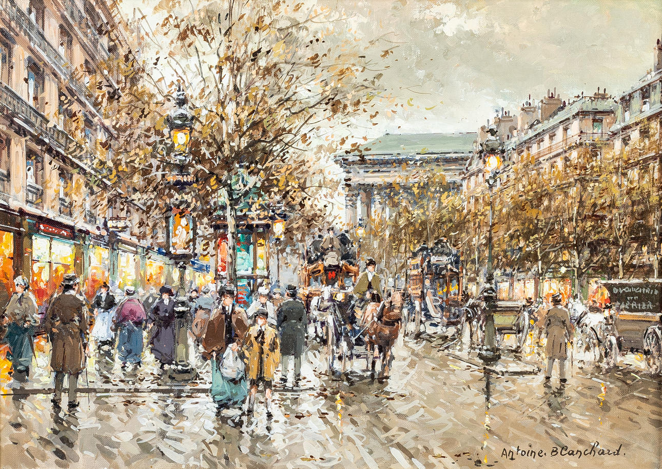 ANTOINE BLANCHARD (FRENCH, 1910-1988), PARIS, BLVD DE LA MADELEINE, OIL ON CANVAS.