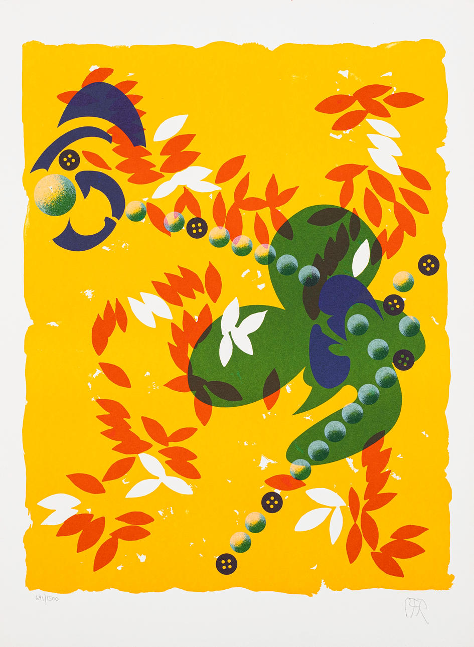 CARL FREDRIK REUTERSWÄRD. "Game on yellow", colour lithograph, monogram signed, numbered 691/1500.