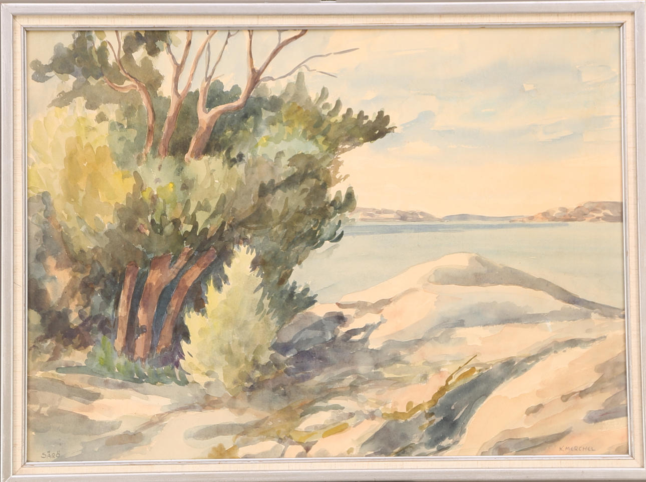 OIDENTIFIERAD KONSTNÄR. TAVLA, akvarell, signerad K.Merchel, kustvy, 1900-tal.