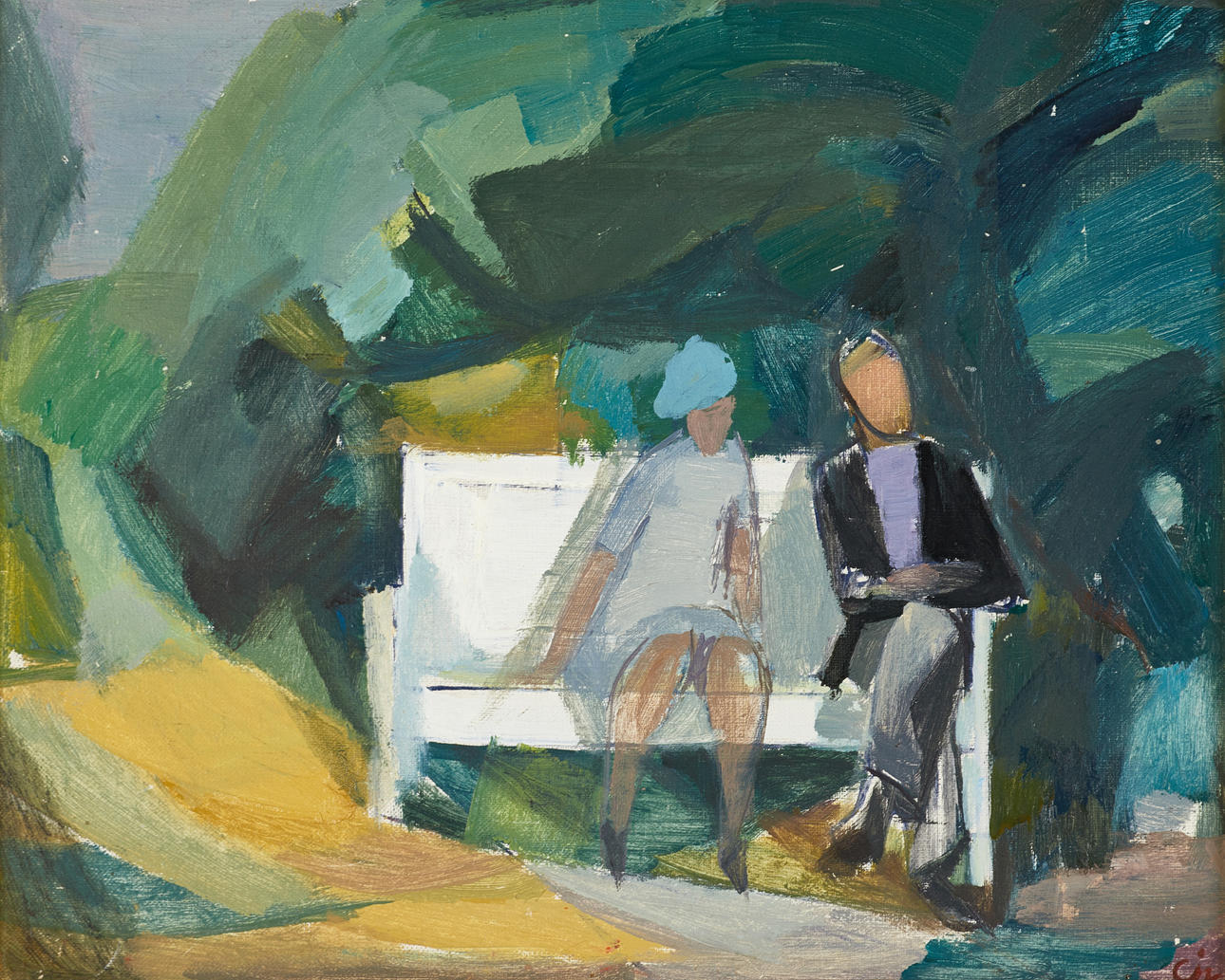 CALLE JOHANSSON (Sverige, 1910-1989), Par vid parkbänk, monogramsignerad, olja på duk