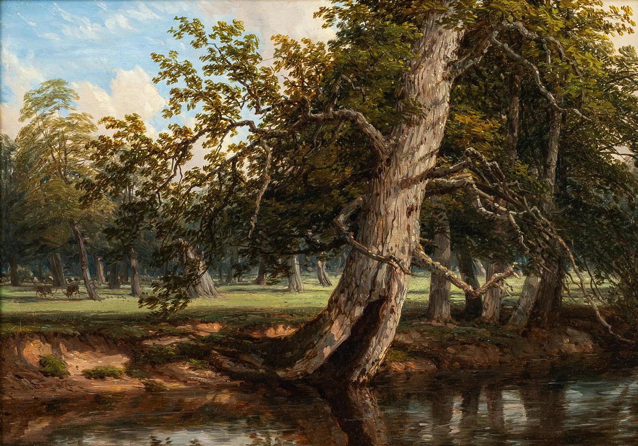 THOMAS BAKER (1809-1964). RIVERSIDE PASTURES, OIL ON CANVAS, 1859.