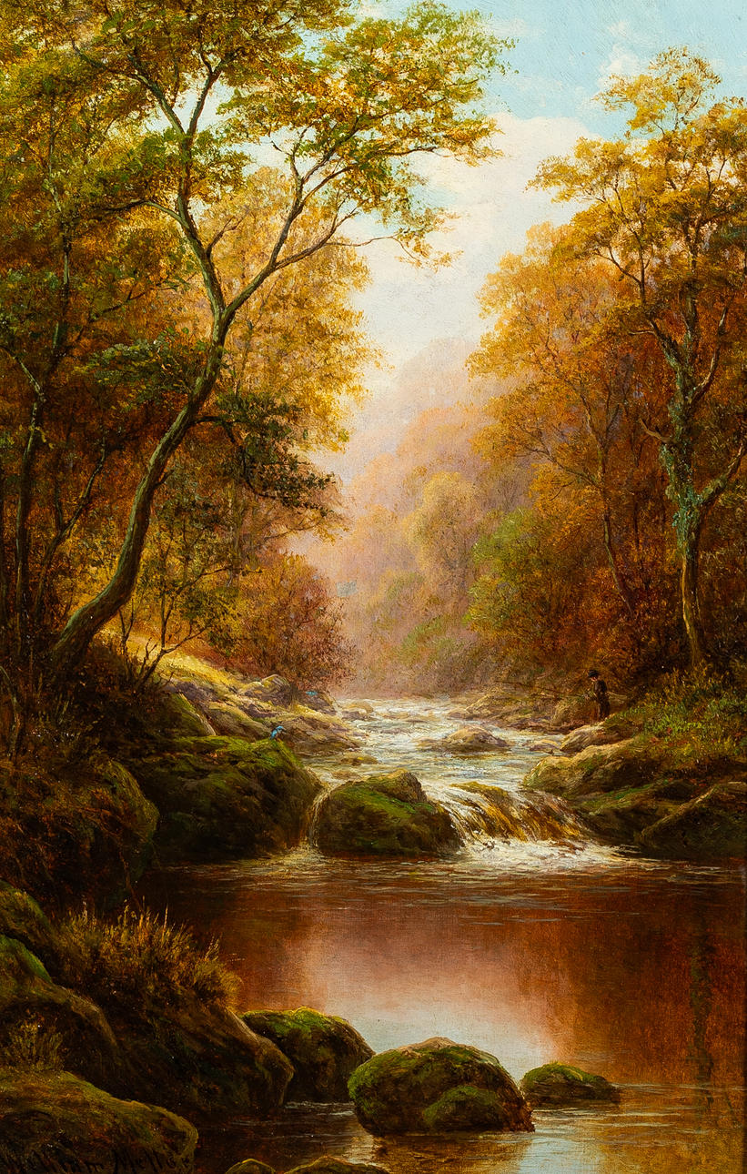 WILLIAM MELLOR (1851-1931). ON THE GREAT BRIGNALL BANKS, NORTH YORKSHIRE, OIL ON BOARD.