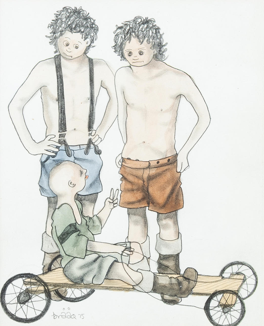 BRIAN SHIELDS (1951-1997). BRAAQ, TWO FRIENDS AND A RACER, WATERCOLOUR AND PENCIL ON PAPER, 1975.