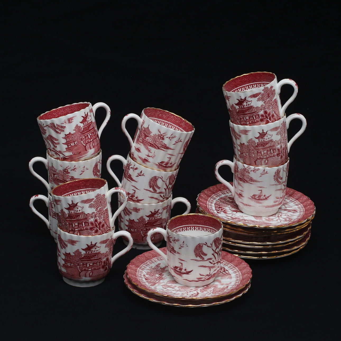 MOCCAKOPPAR med FAT, 12 + 9 st, porslin, "Willow", Gustavfsberg, omkring sekelskiftet 1900.