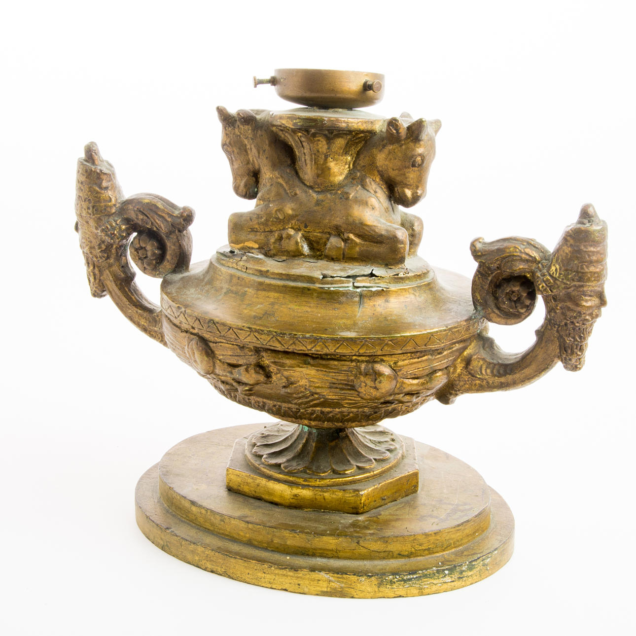 BORDSLAMPA i form av urna, trä/metall/gips, bronserad.