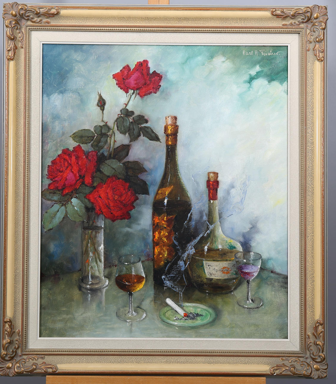 CARL H FISCHER. Olja på duk, Stilleben med blommor och flaskor, signerad.