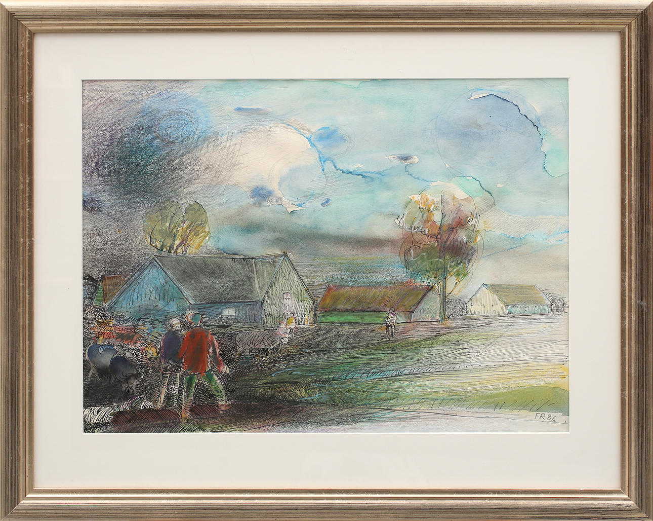 FREDRIK ROHDE. Blandteknik, hus i landskap, signerad FR samt daterad 86.