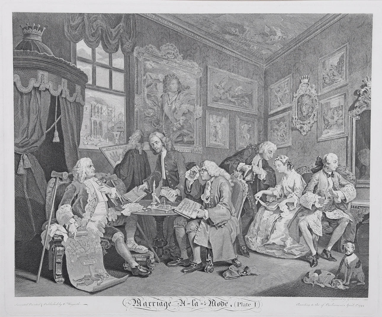 WILLIAM HOGARTH. EFTER. 'Marriage a la Mode / Äktenskap på modet', I-VI, serie om 6 blad, graverad av Scotin, Baron och Ravenet, kopparstick, 1745.