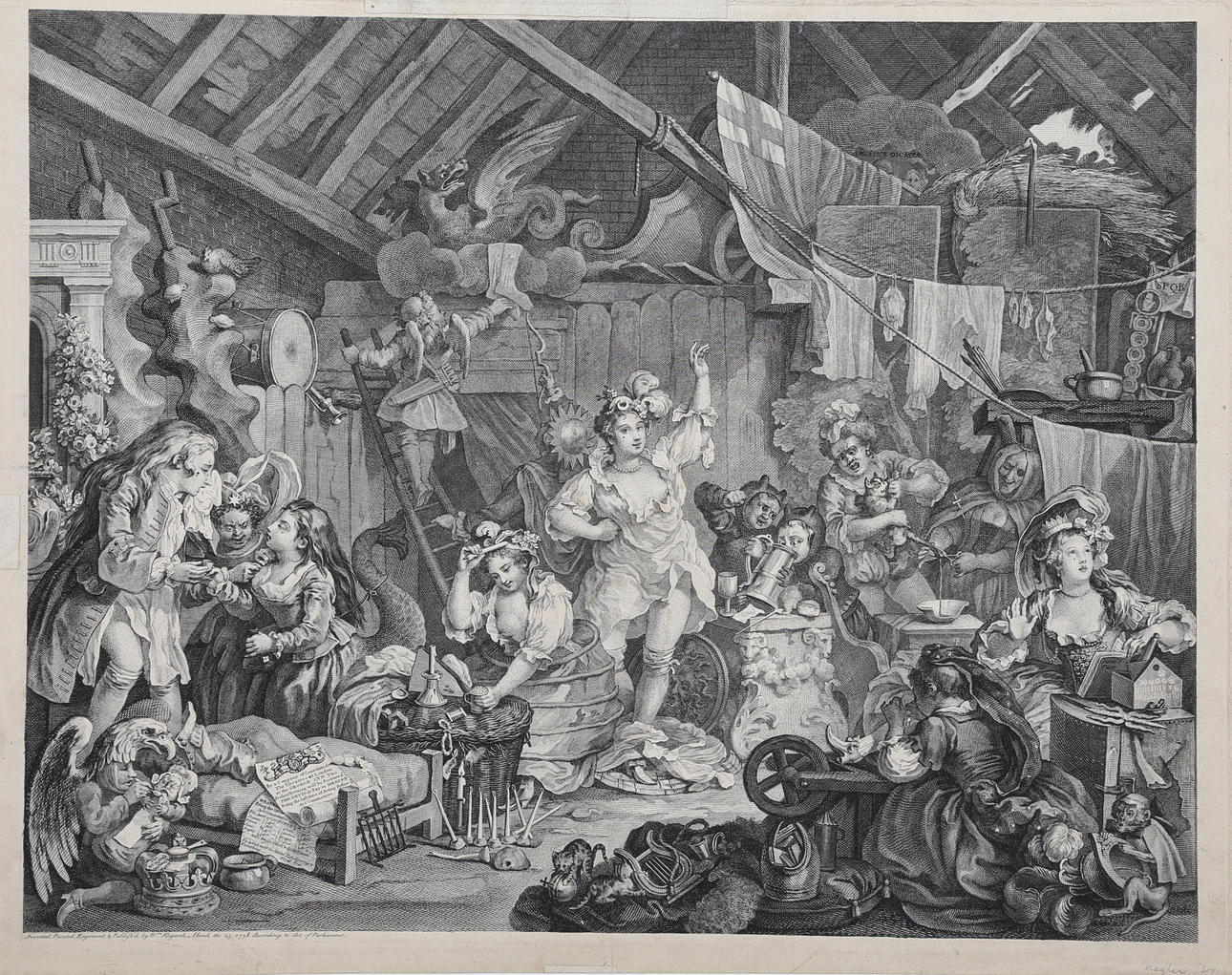 WILLIAM HOGARTH. 'Strolling Actresses Dressing in a Barn', kopparstick, 1738.