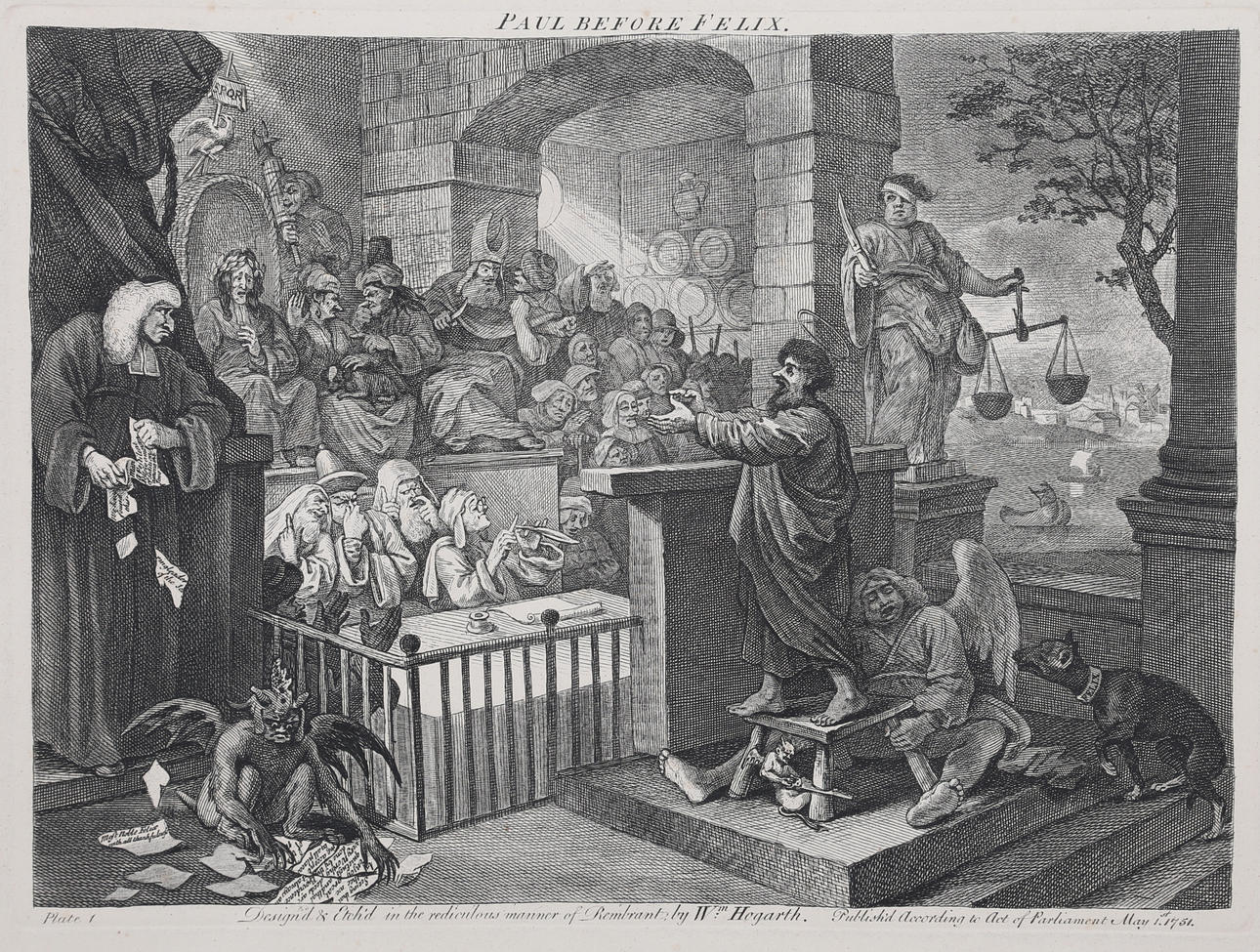 WILLIAM HOGARTH. 'Paul before Felix', I, ur serie om 3 blad, kopparstick, 1751.