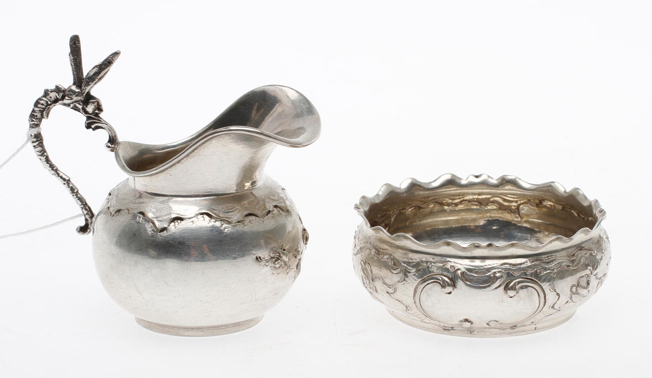 SOCKERSKÅL och GRÄDDKANNA, silver, Tyskland, vikt ca 71,6 gram.