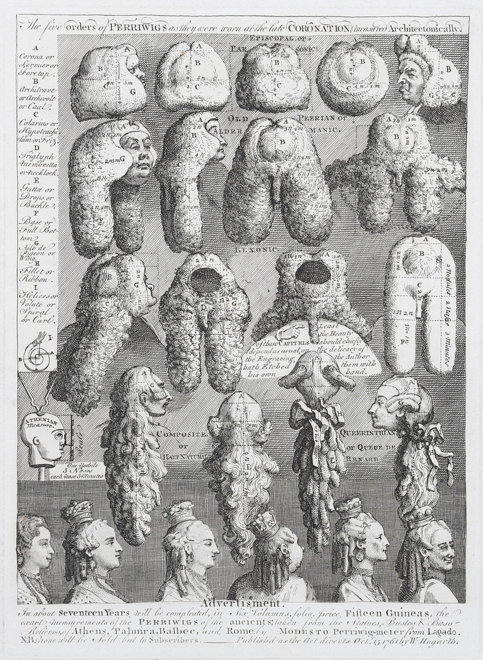 WILLIAM HOGARTH. 'The Five Orders of Perriwigs as they were Worn at the Late Coronation Measured Architectonically', kopparstick, 1761.