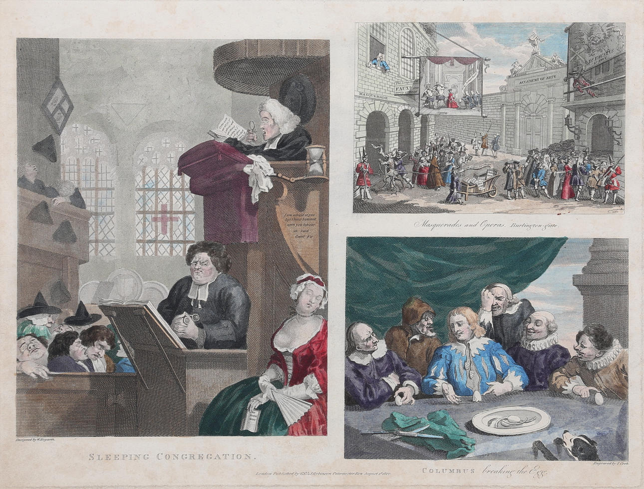 WILLIAM HOGARTH. EFTER. 'Sleeping Congregation', 'Columbus Breaking the egg' och 'Burlington Gate', kopparstick, graverad av Thomas Cook, 1800.