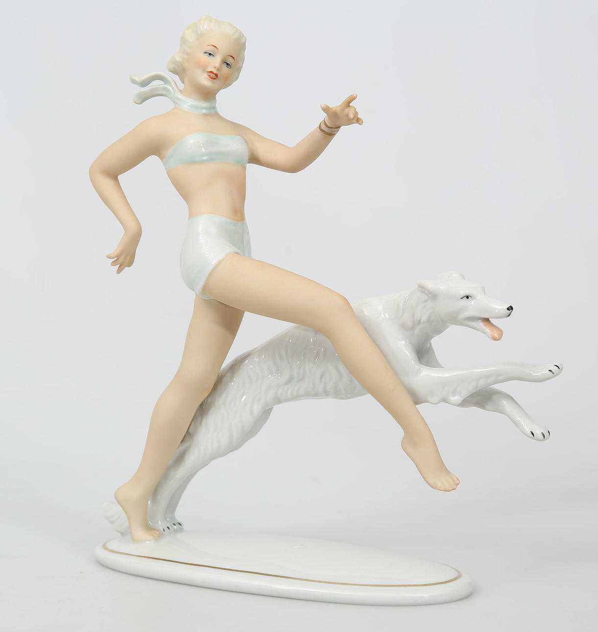 FIGURIN, porslin, Kvinna med hund, Schaubachkunst.