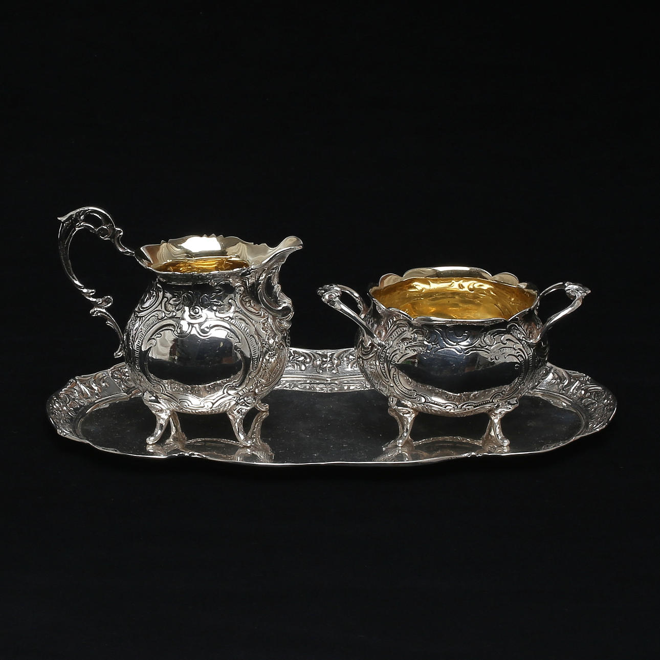 GRÄDDKANNA, SOCKERSKÅL samt BRICKA, silver, GEWE, Malmö, 1966-1967.