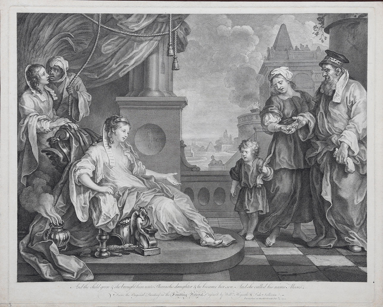 WILLIAM HOGARTH / LUKE SULLIVAN. 'And the child grew & she brought him unto pharaohs daughter & he became her son. And she called his name Moses', kopparstick, 1752.