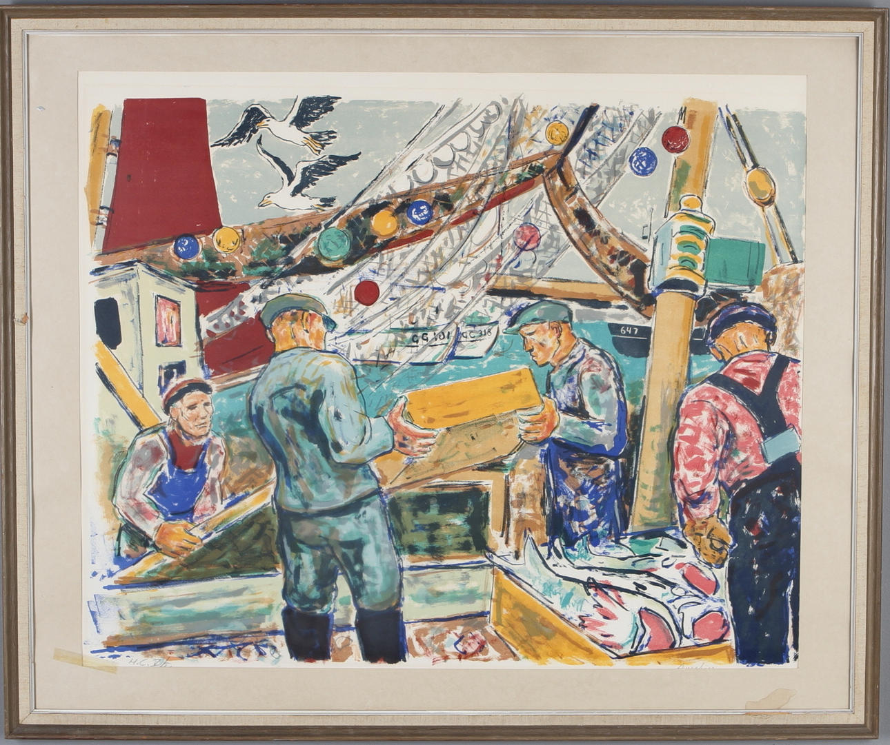 ALBIN AMELIN. Fiskare, färglitografi, signerad, HC.