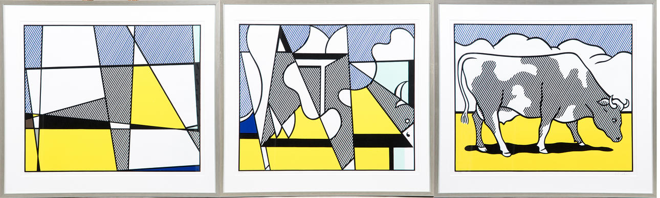 ROY LICHTENSTEIN. "Cow Going Abstract", 3 stycken färgserigrafier, triptyk.
