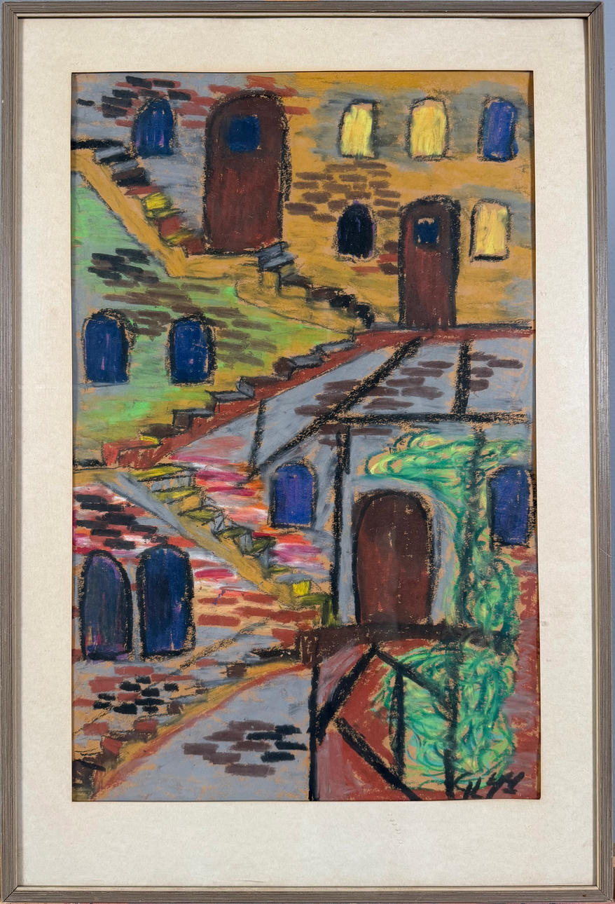 OIDENTIFIERAD KONSTNÄR (1900-tal). Komposition med trappor, pastell, monogramsignerad och daterad 44.
