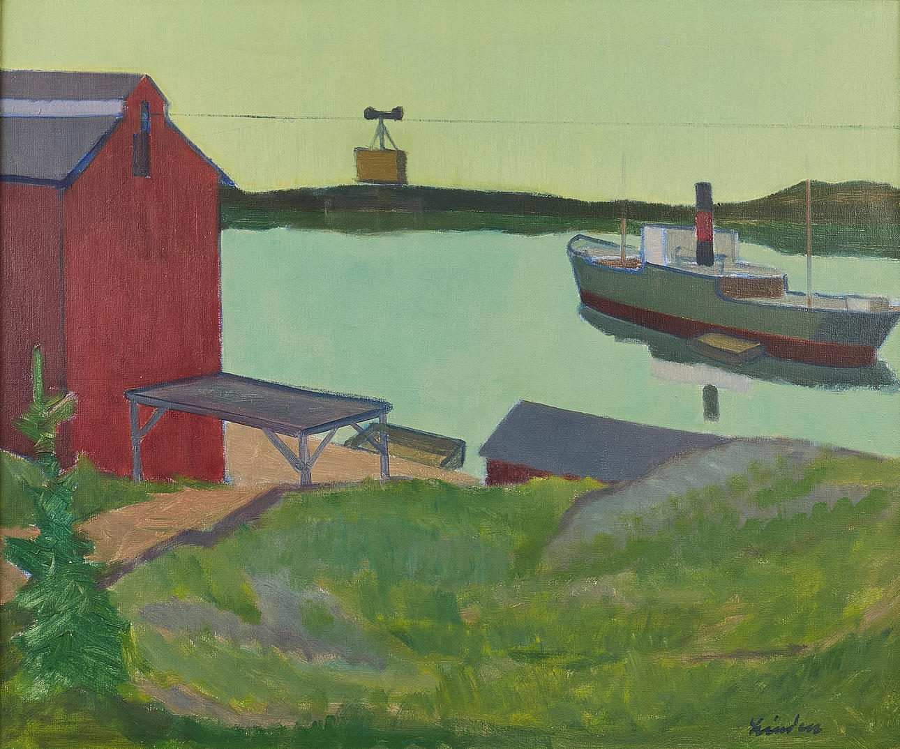 HELGE LINDEN. Oil painting, Signed Harbour motif with boat and cable car.