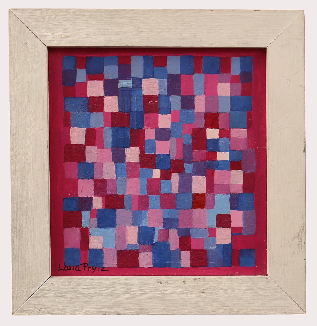 LAILA PRYTZ 1907-1982. Olja på pannå, geometrisk komposition med rektanglar och kvadrater i blått och rosa, signerad.