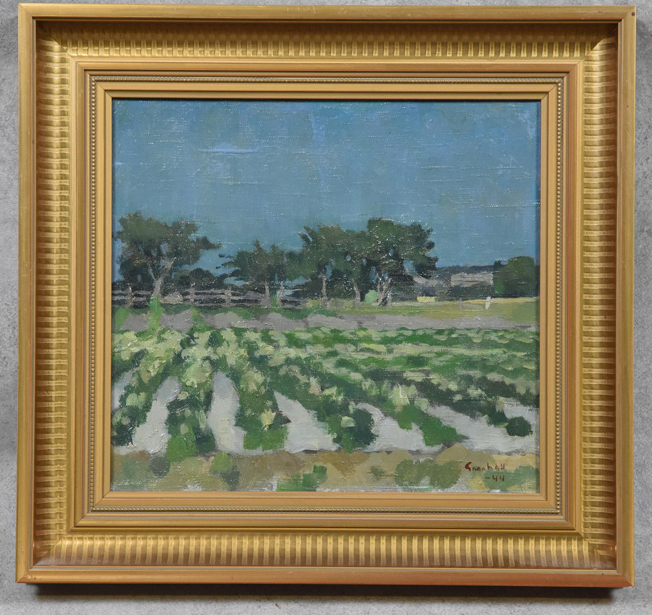 ARNE GRANHALL. olja på duk, " Blommande fält " signerad , daterad -44.