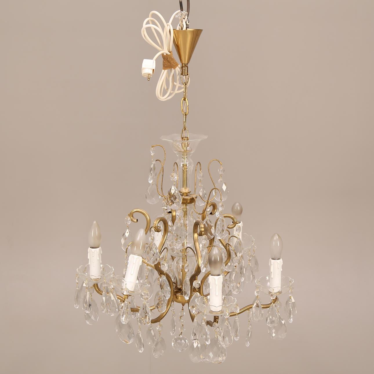 TAKARMATUR, mässing / prismor, 6-armad, glasbricka, komplett, 1900-tal.