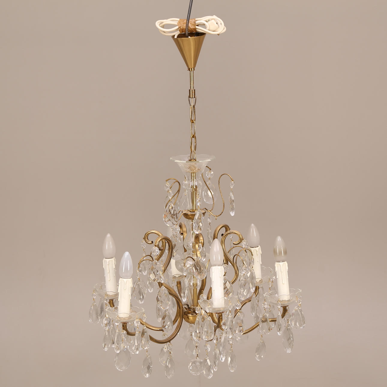 CEILING FIXTURE, brass / prisms, 6-arm, glass tray, 1900s.