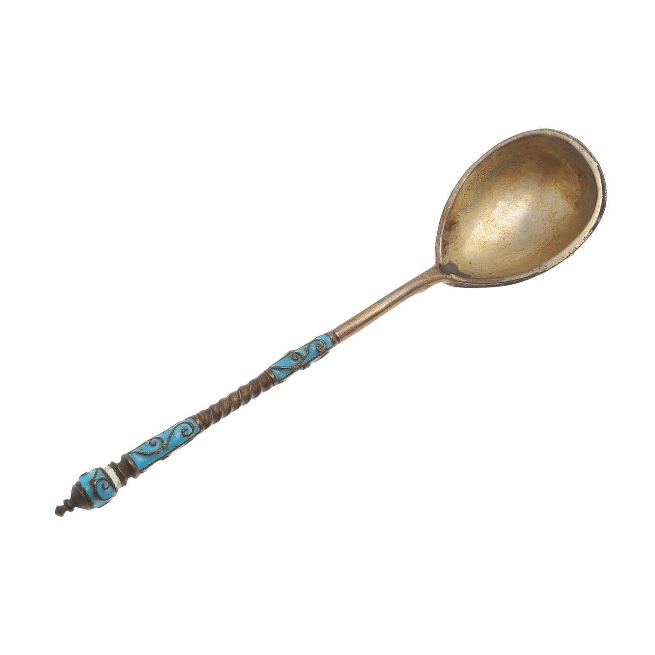 A RUSSIAN SILVER-GILT AND CLOISONNE ENAMEL SPOON.