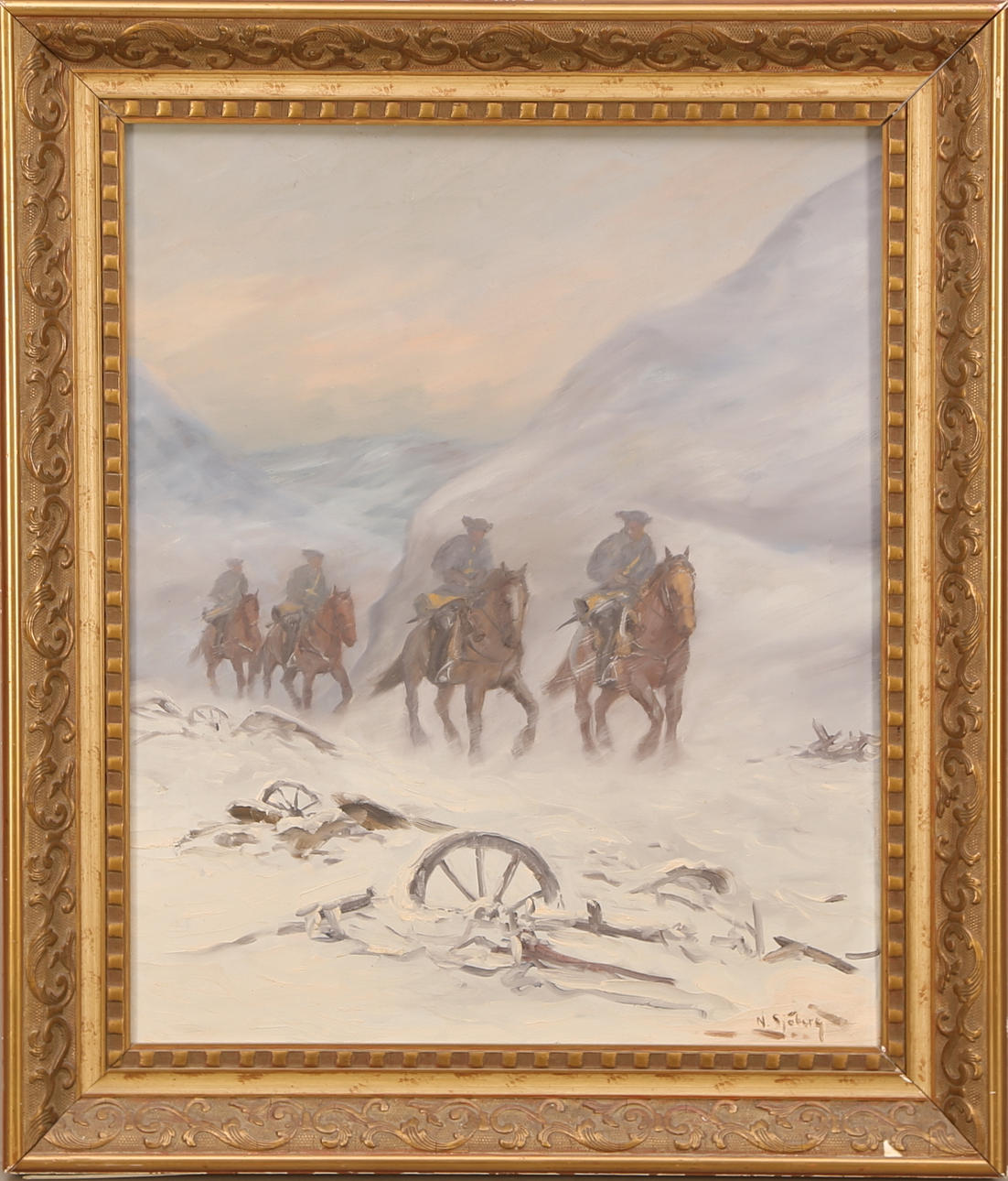 OIDENTIFIERAD KONSTNÄR. TAVLA, olja duk, signerad N.Sjöberg, karoliner på vintermarsch till häst.