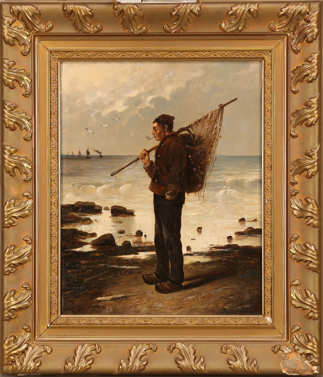 FREDERICK REGINALD DONAT. TAVLA, olja duk, signerad F.R.Donat, "Der alte fischer".