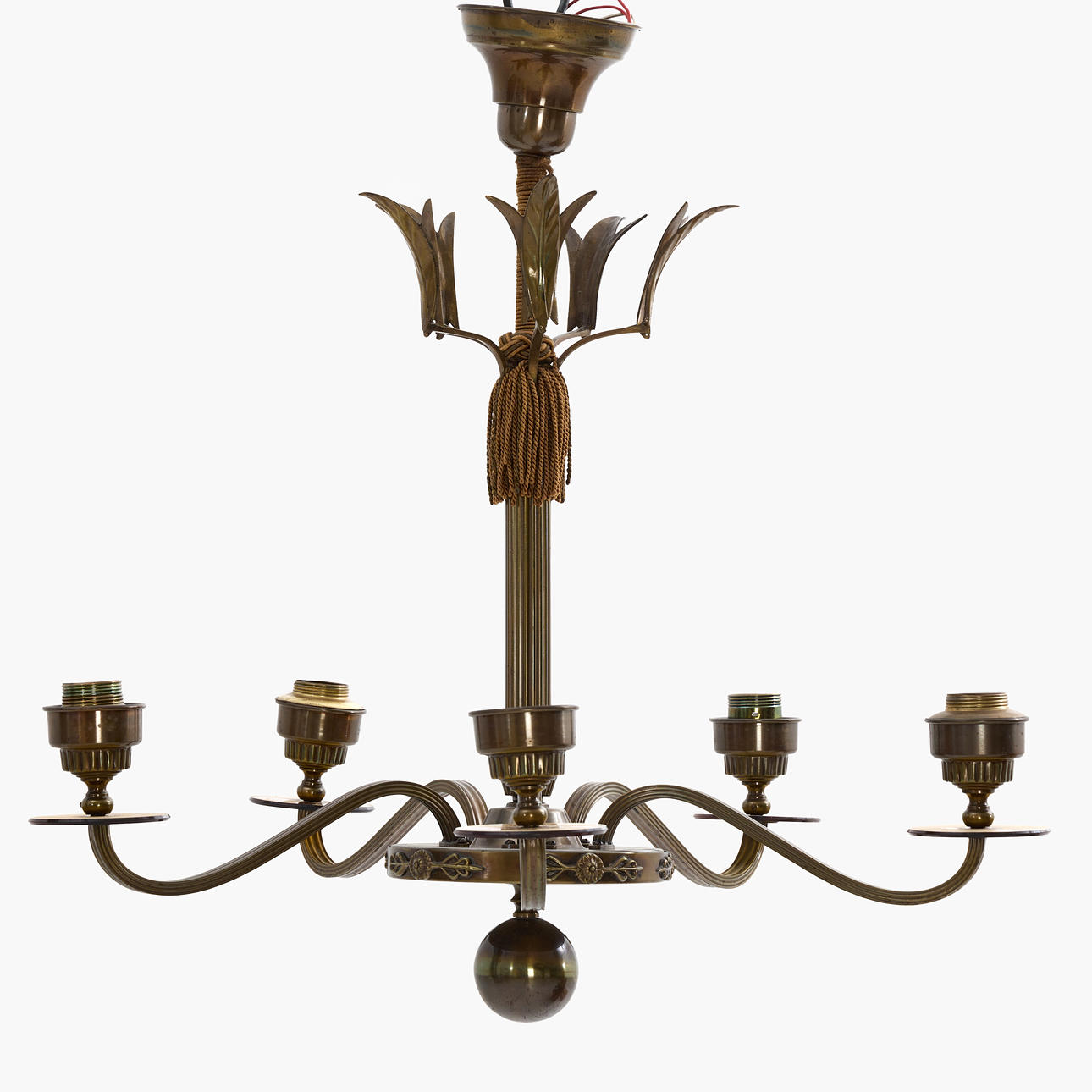 EINAR BÄCKSTRÖM, ceiling fixture, Swedish Grace, model no. 1007 from Einar Bäckströms metallvarufabrik, Malmö, 1932. 5 light arms, surface finish/antique oxidation.