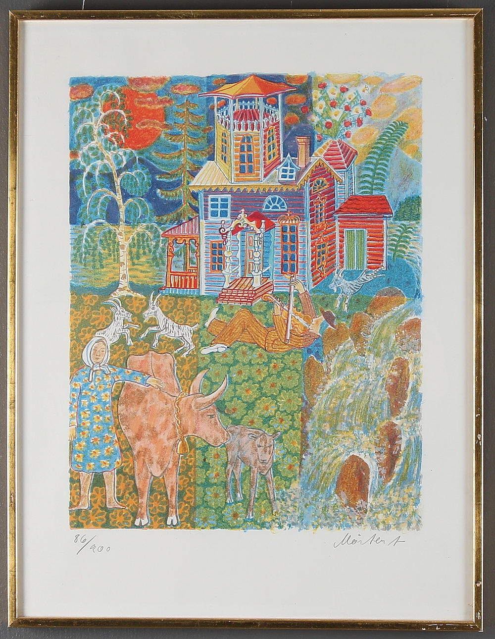 MÅRTEN ANDERSSON. Kvinna med kor, färglitografi, signerad och numrerad 86/200.