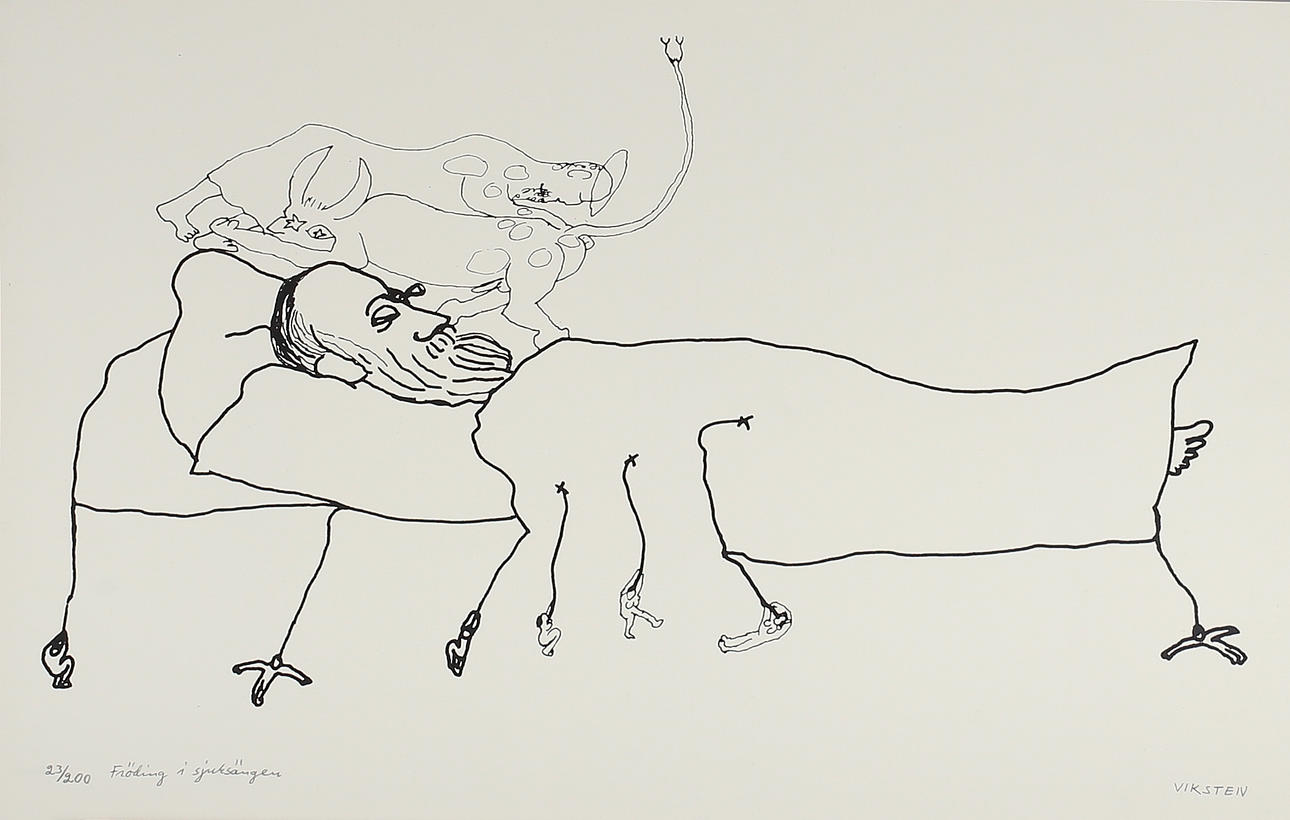 HANS VIKSTEN. "Fröding i sjuksängen", litografi, signerad samt numrerad 23/200.