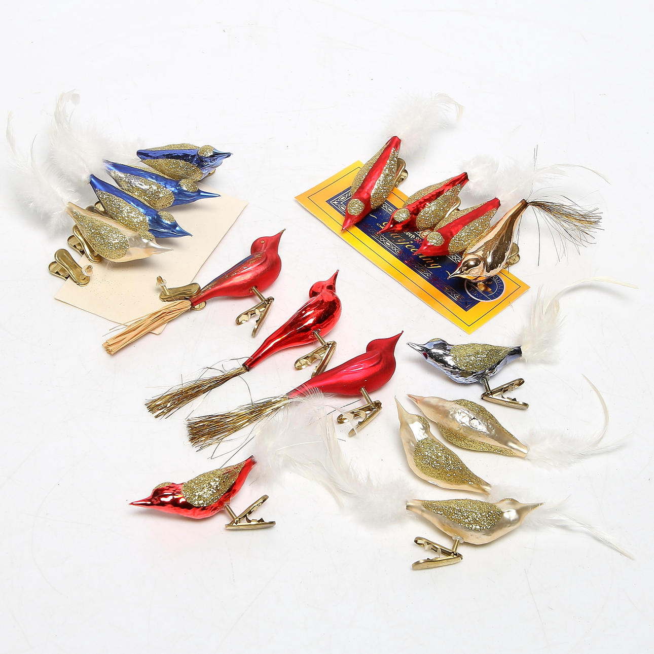 JULGRANSDEKORATIONER, 15 st, glas och fjädrar, fåglar, Tyskland, 1900-talets andra hälft.