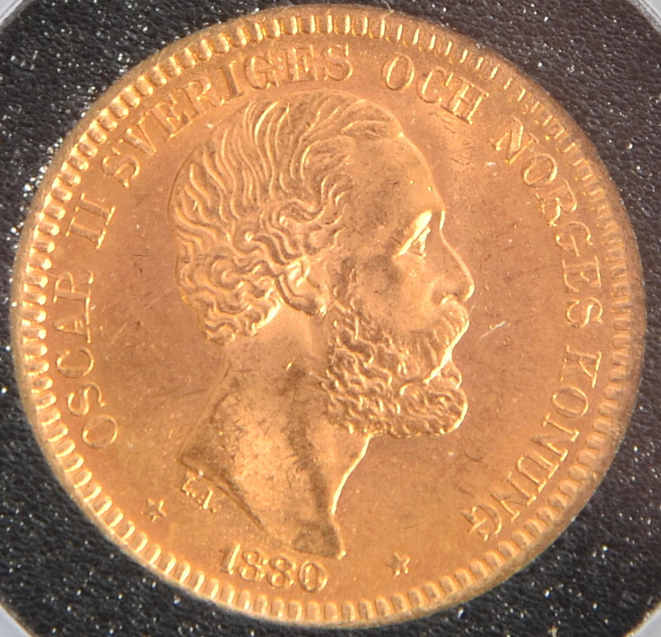 GULDMYNT, 20 Kronor, Oscar II, Sverige/Norge 1880, vikt 8,96 gram.