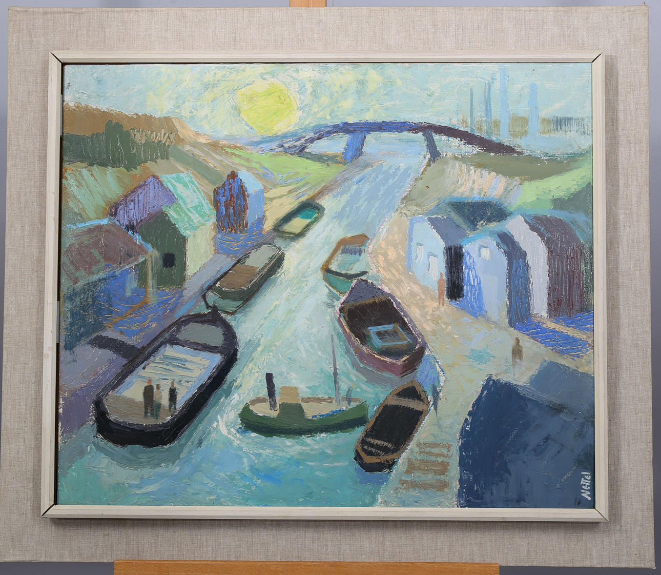 EJNAR NETTELBLADT. Olja på pannå, Kanal med pråmar, signerad Nettel.