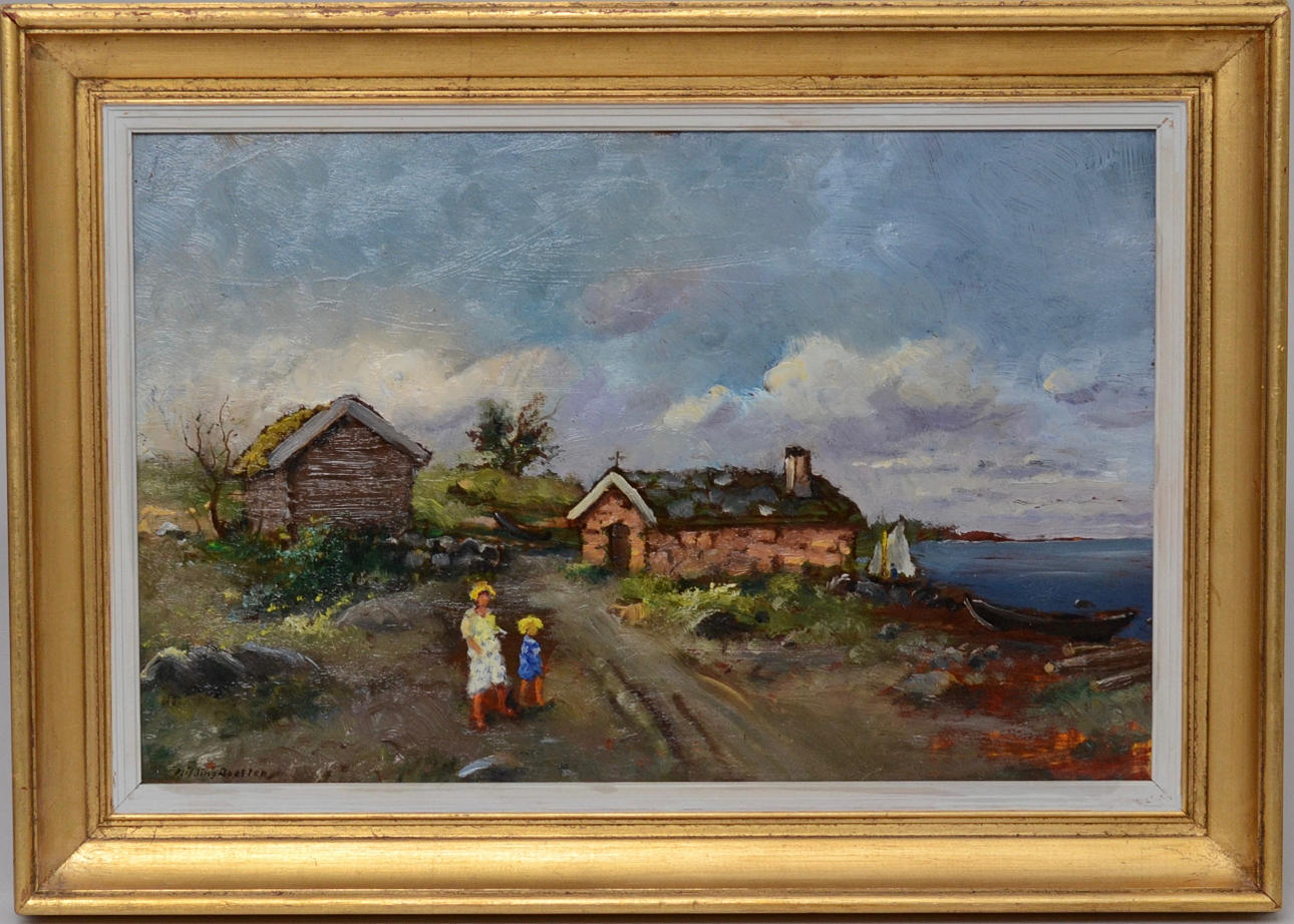 HILDING BOSSLER. KUSTMOTIV MED FIGURER. OLJA PÅ PANNÅ.