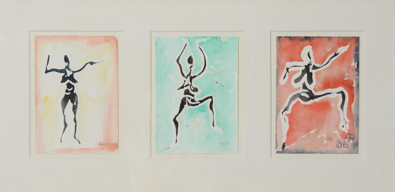 BIRGITTA GLENMARK. Figurative triptych, mixed media on paper, monogram signed.