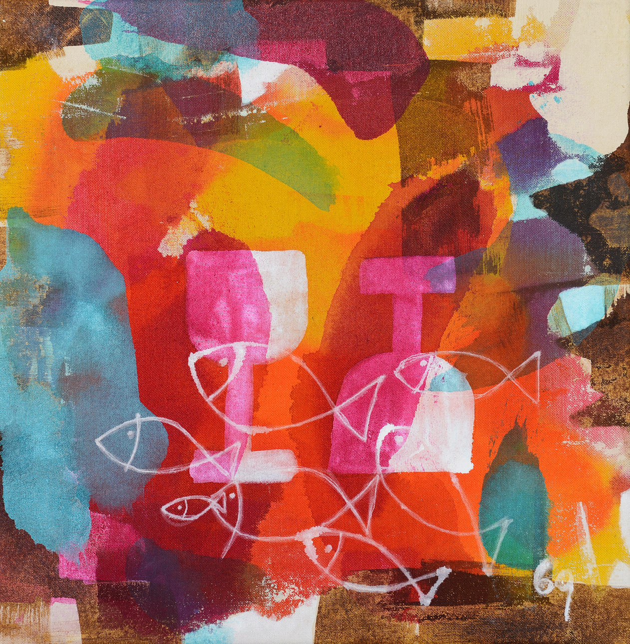 BIRGITTA GLENMARK. Composition with fish, acrylic on canvas, monogram signed.
