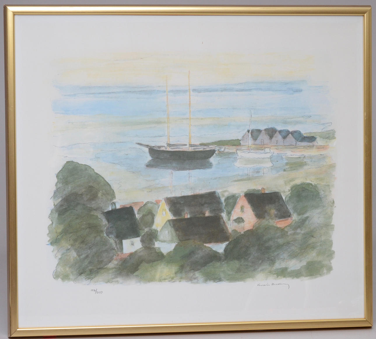 GUSTAV RUDBERG. VY ÖVER HAMN. LITOGRAFI.