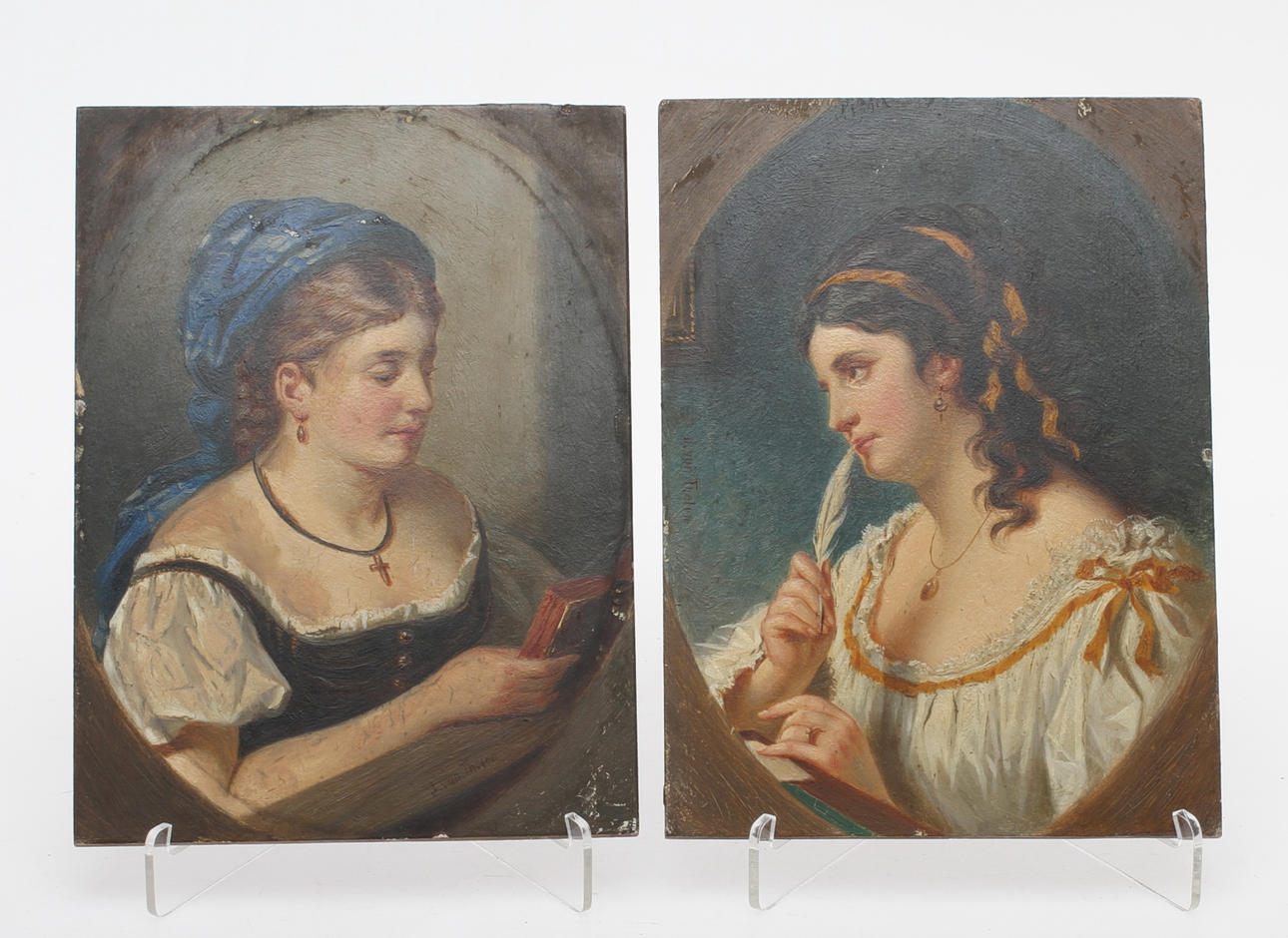 OKÄND KONSTNÄR. Flickporträtt, 2 st, olja på pannå, signerade van Thelen.