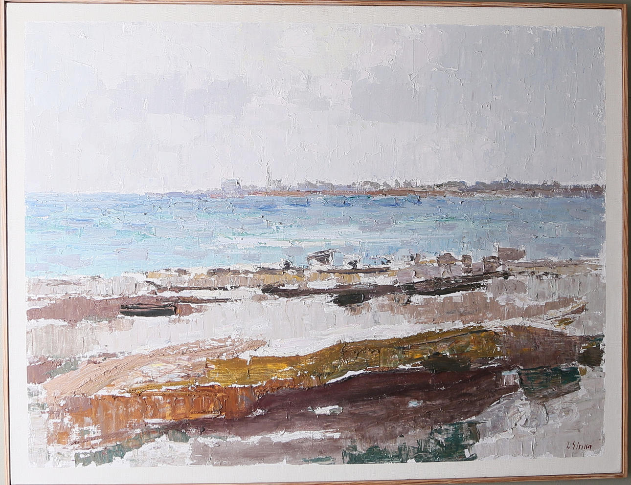 IMANTS SINKA. "Utsikt från Öland mot Kalmarsund och Kalmar", olja på duk, signerad.