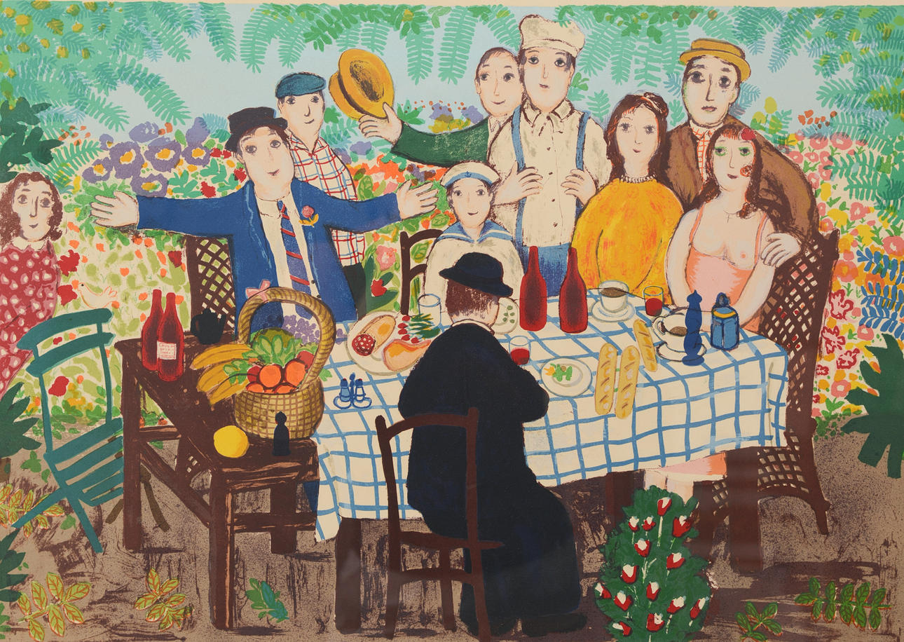 LENNART JIRLOW. "Vännerna kring frukostbordet", färglitografi, signerad samt E.A
