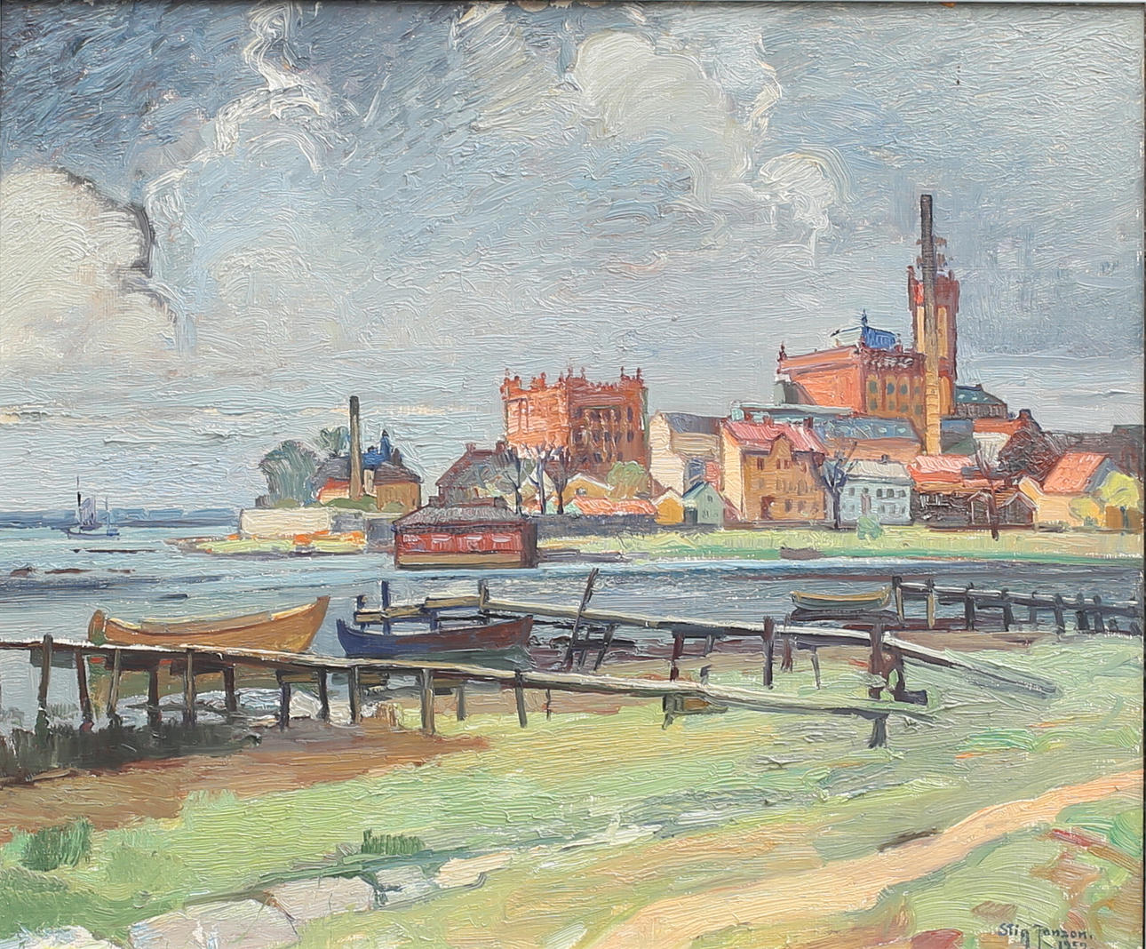 STIG JONZON. "Kattrumpan, sedd från Ängö". Olja på pannå, signerad och daterad 1952.