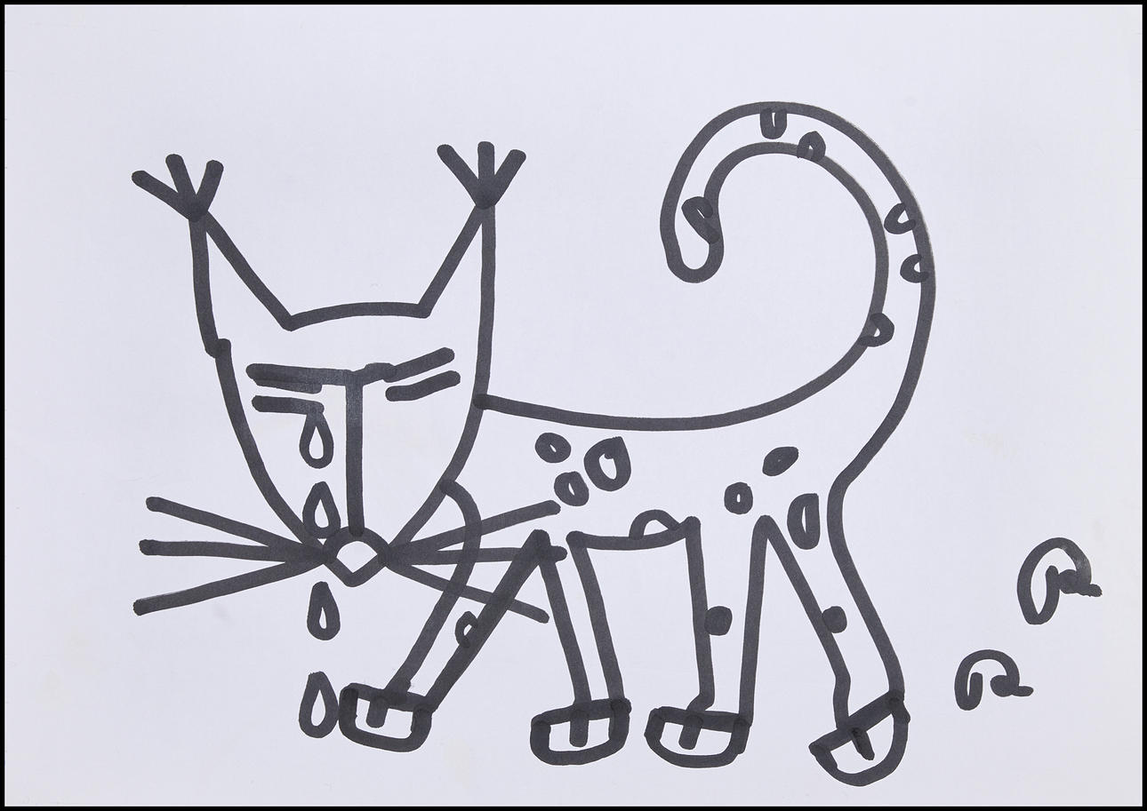 ROGER RISBERG (Sweden, Gothenburg, 1956-2011). Crying cat, monogram signed RR, ink drawing.